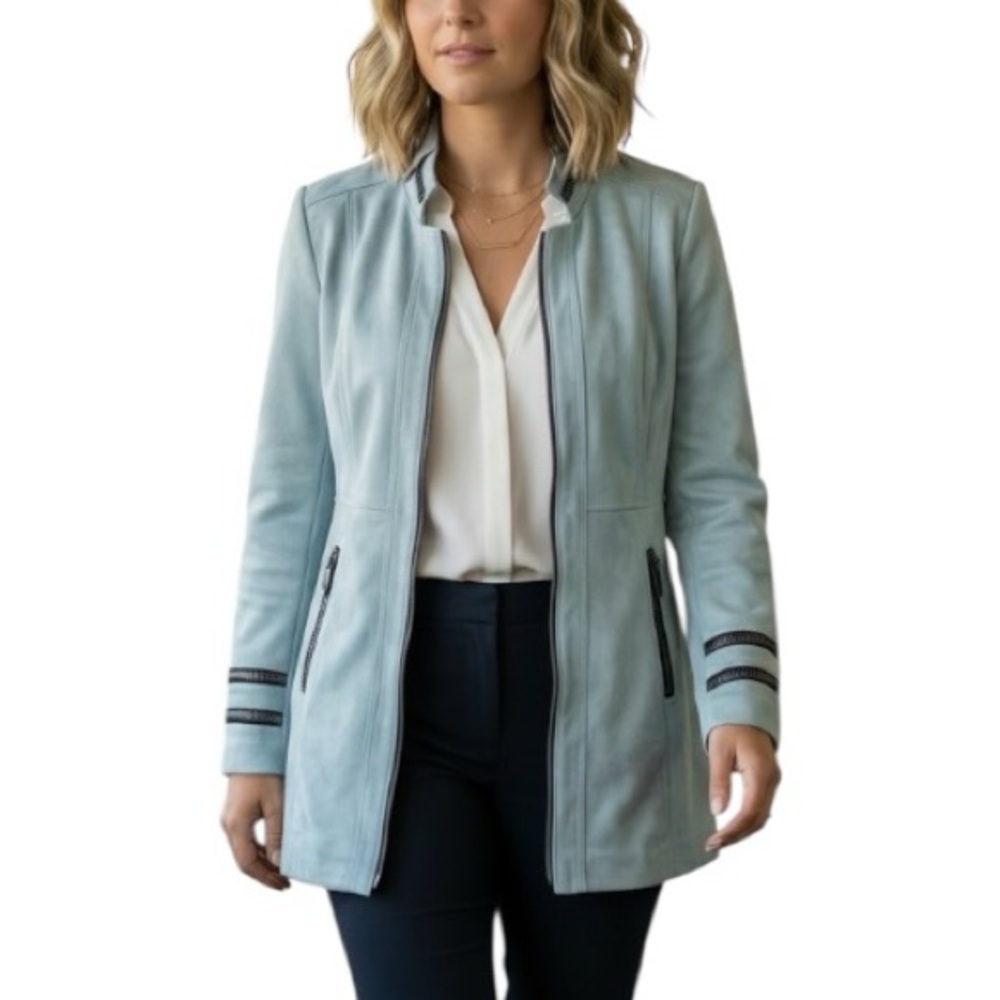 Lena Gabrielle 6 Blue Faux Suede Chunky Zipper Trench Coat Office Neutral